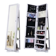 Bonnlo Jewelry Armoire with 360 Rotation Base, 57 x 10 inch Mirror, Freestanding Jewelry Cabinet, Cosmetic Storage Organizer