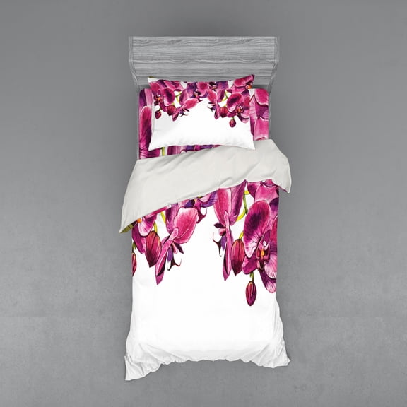 Ambesonne Floral Bedding Set 3 Pcs, Feminine Orchids Branches, Twin, Pink Fuchsia White