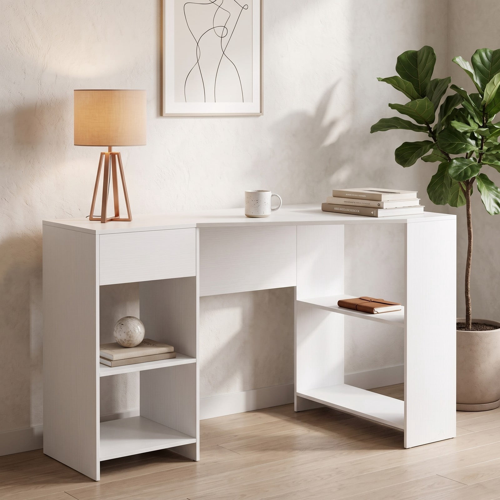Furnibear 48 Inch L Shaped Corner Computer Desk with Drawer and Shelves, Executive Home Office Writing Gaming Workstation Table, Engineered Wood Study Desk, White
