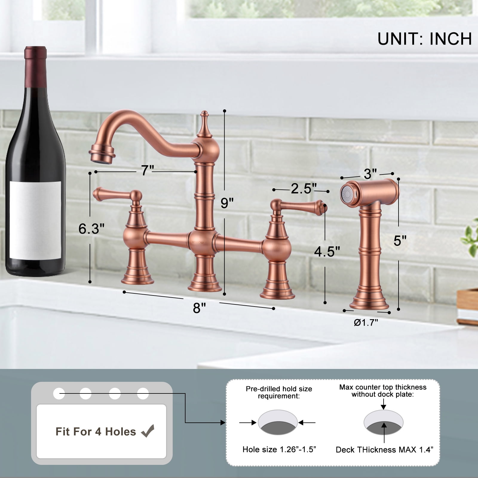 WOWOW Bridge Kitchen Faucet with Side Sprayer,Solid Brass Kitchen Faucet for Sink 4 Hole Copper Kitchen Sink Faucet, Two Handle 8 Inch Centerset Bridge Faucet