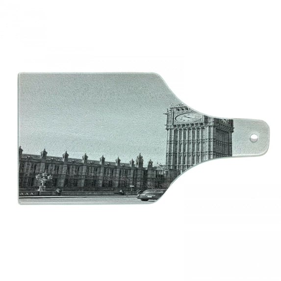 London Cutting Board, Big Ben and Double Decker Bus Tourist Attractions Capital of England, Decorative Tempered Glass Cutting and Serving Board, in 3 Sizes, by Ambesonne