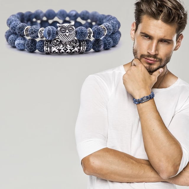 Fiudx Pulsera con Dije de Búho, Cuentas de Piedra Natural, Tamaño Ajustable, Accesorio Versátil para Parejas, Ideal para Cumpleaños y Festividades, Diseño de Ágata Desgastada, Unisex, Talla 7.5"-9".