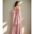 thumbnail image 2 of Vestidos de dama de honor de gasa con cuello en V y tirantes finos personalizados, vestidos formales de dama de honor fruncidos con hombros descubiertos y mangas, 2 of 5