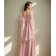 thumbnail image 2 of Vestidos de dama de honor de gasa con cuello en V y tirantes finos personalizados, vestidos formales de dama de honor fruncidos con hombros descubiertos y mangas, 2 of 5