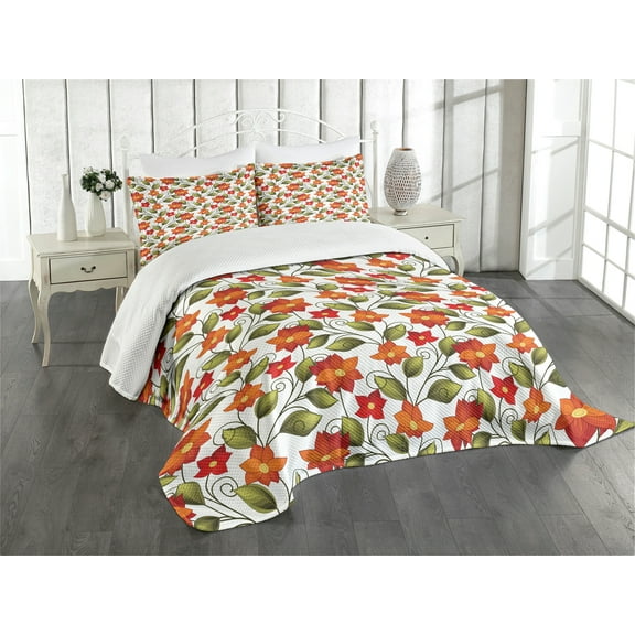 Ambesonne Floral Quilted Bedspread Set 3 Pcs, Boho Herbs Lily Nature, King Size, Olive Green Orange White