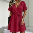 thumbnail image 2 of SAWOBUUN Womens Summer Casual Cotton Blend Wrap Dress Short Sleeve Deep V Neck Lightweight Breathable Mini Dress with Waist Tie, 2 of 7