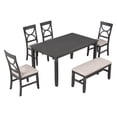 thumbnail image 3 of 6 Piece Solid Wood Dining Room Set with Upholstered Bench and 4 Dining Chairs, Rustic Farmhouse Kitchen Table Set with Bench and 4 Chairs, 36” x 60” (Gray), 3 of 8