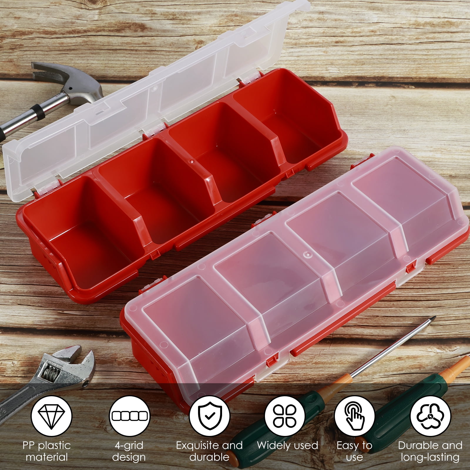 NUAHRHY 4Pcs Parts Storage Box Plastic Screw Organizer Box with 4 Compartment Small Tool Part Container Bin with Lid and Lock Durable Divided Hardware Storage Bin for Garage Workshop