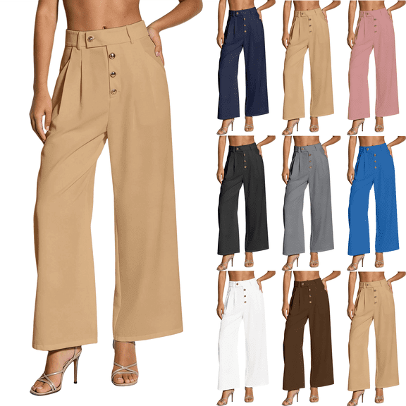 Womens High Waist Straight Leg Pants Elastic Waist Button Dress Pants Women Stretchy Business Casual Office Work Trousers,Sizes S-2XL