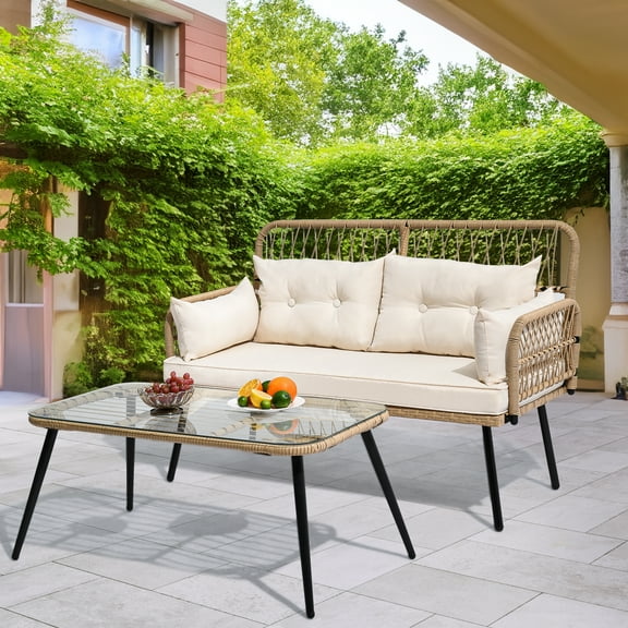 Dextrus 2-Piece All-Weather Outdoor Wicker Loveseat,  Rattan Conversation Patio Furniture Set, Perfect for Backyard, Balcony, and Deck - Light Brown   Beige