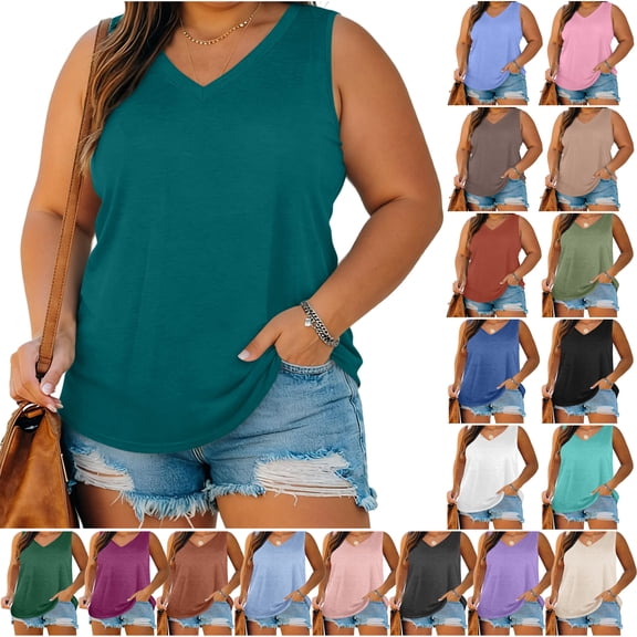 DDAPJ pyju Women's Plus Size Tank Tops Solid Color Sleeveless Shirts Summer V Neck Tops Loose Fit Casual Athletic Tanks Watermelon Red XXL