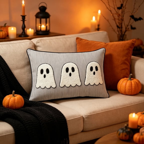 Halloween Pillow White 16"x8" Ghost Striped Throw Pillow Outdoor Cushion Halloween Decorations Lumbar Pillows for Living Room Couch Sofa Home Decor