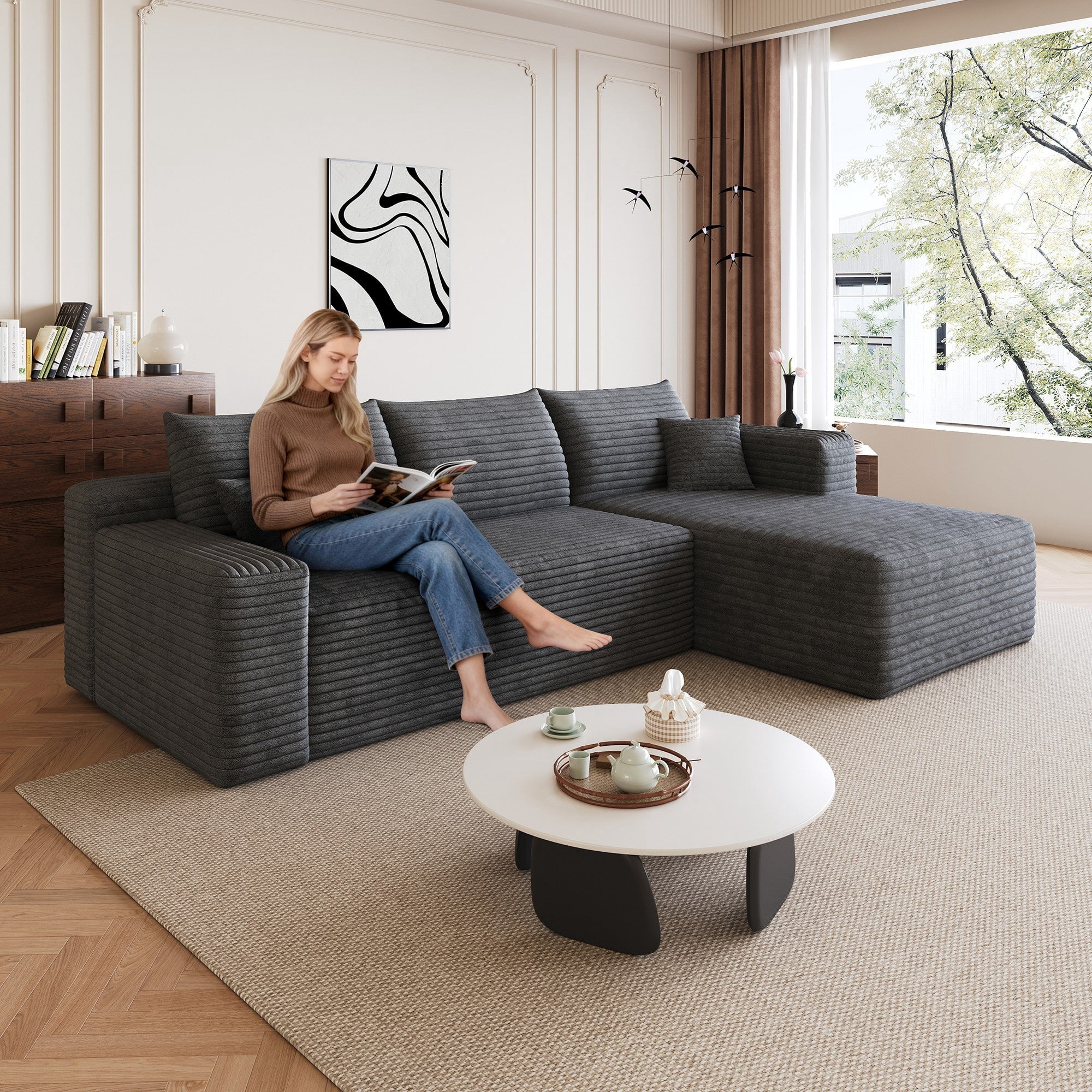 Sailvan 95" Cloud Sectional Sofa - Modern U-Shaped Modular Couch with Deep Seats - Plush Corduroy Fabric - No Assembly Required Dark Grey Right