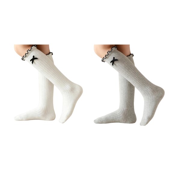 Dweltoz Girls Knee High Socks 2 Pairs Ruffle Bow Socks Uniform Socks Back to School for 3-12Y Casual Daily Wear