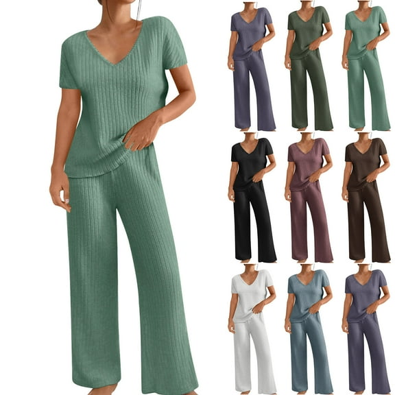 ZZwxWA 2 Piece Lounge Set Women Casual Ribbed Knit Pajama Set Short Sleeve Tops and Pants Set Loose Comfy Loungewear Sets Solid Color