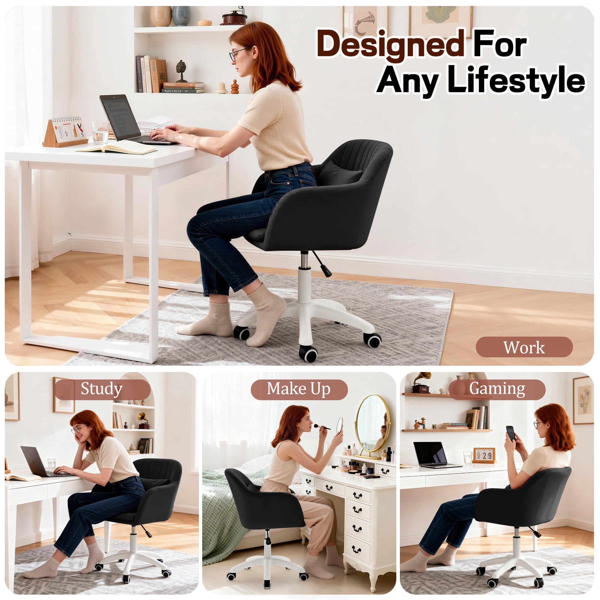 Korser Adjustable High Vanity Chair with Pillow Velvet Swivel Desk Chair with Wheels,Space-Saving Makeup Computer Chair,Home Office Desk Chair,Black