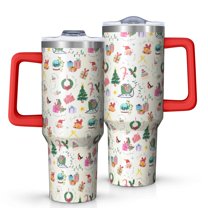 Beige Christmas Santa Pattern Tumbler with Handle and Lid,40oz Double Wall Vacuum Insulated Tumbler,Cups Gift for Women and Men