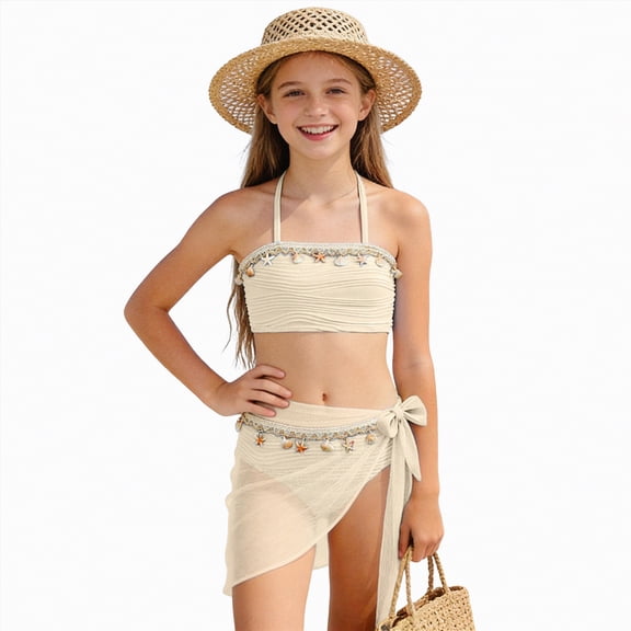 Bosanter Girls Bathing Suit 3 Piece Bikini Sets Solid Cover Ups Beach Skirt Swimsuit Set Summer Bikini Tankini Sets, Beige 9-10Y