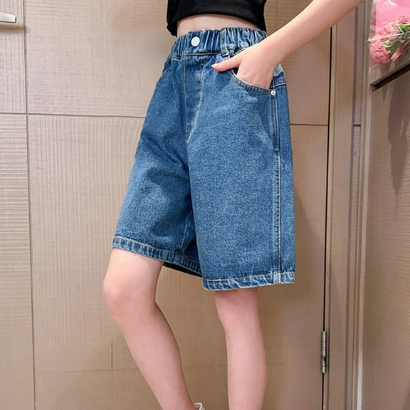 XIMIN Teen Kids Girls Jorts Baggy Jeans Jorts Elastic Mid-Low Waisted Straight Leg Denim Y2K Shorts Summer Hot Short with Muti Pockets Streetwear