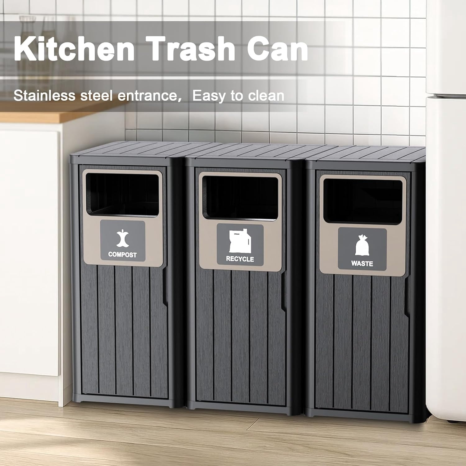Outdoor 3-Barrel Resin Trash Can – Waterproof, Recycling Labels – Fits 30-39 Gal Bags, Durable for Porch/Backyard/Kitchen, Black, 50.8x16.5x35.4in
