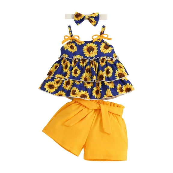XZNPDUCQ Little Kids Girl Summer Outfit Sleeveless Tied Flower Print Cami Tank Tops Elastic Shorts Toddler 2Pcs Clothes Set Short T-shirt Sets 3-6 Months Blue