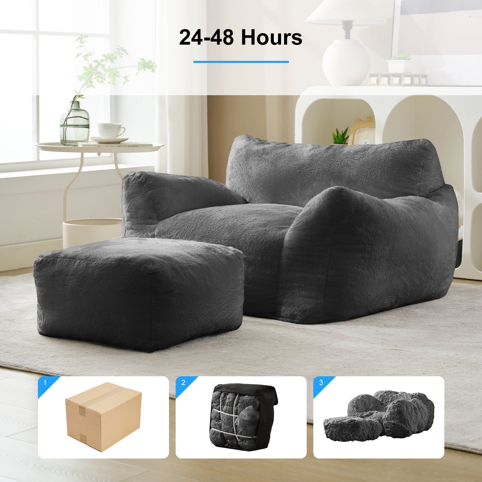 Puremind Bean Bag Chair for Kids and Adults, Oversized Bean Bag Couch with Ottoman, Faux Fur Lazy Sofa Chair for Living Room/Apartment/Bedroom, Light Gray