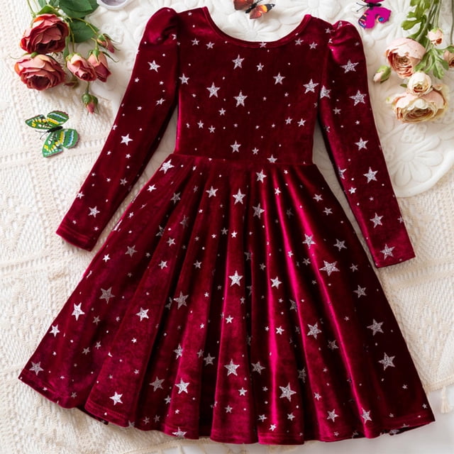 Cowsor Little Girl Ruffle Fall Winter Long Sleeve Dress Printed Party Holiday Clothes