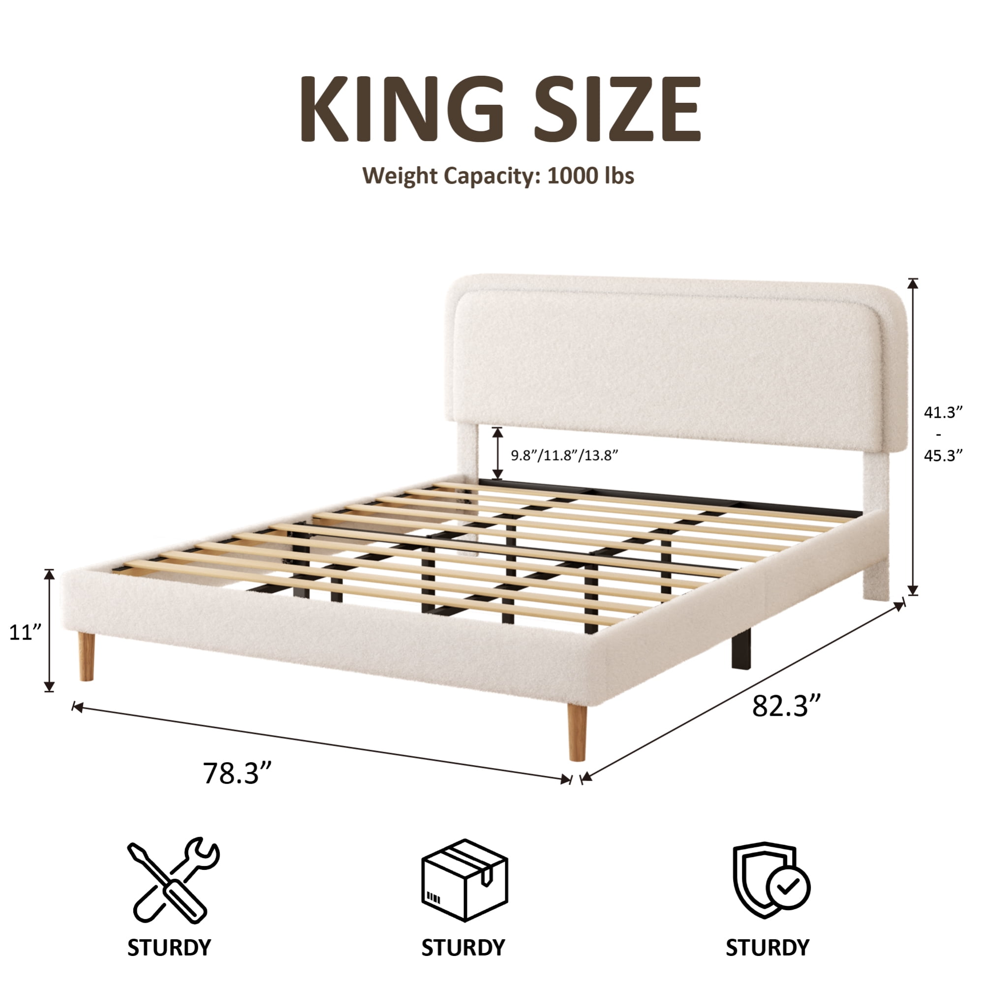 Leumius King Bed Frame,Upholstered Platform Bed Frame with Height-Adjustable Headboard,Sturdy Frame,Quiet Design,Easy to Assemble,Beige