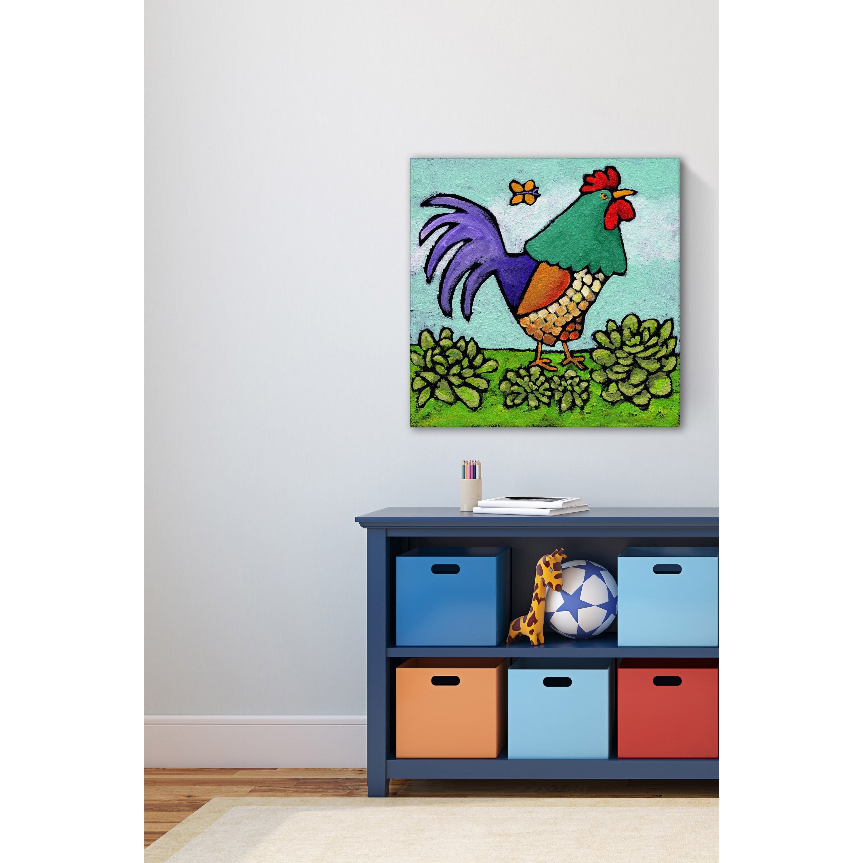 Marmont Hill - "Rooster and Butterfly" by Janet Nelson Painting Print on Wrapped Canvas