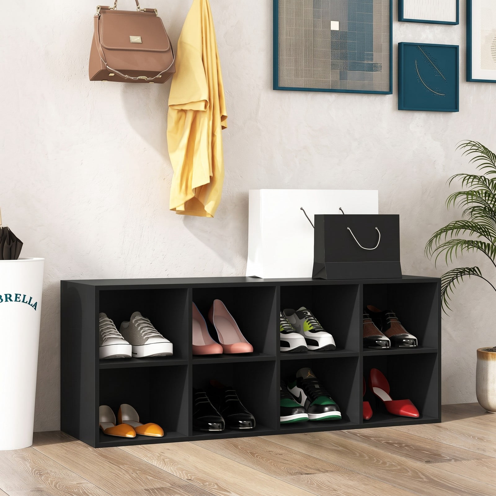 Furnibear 8-Cubby Shoe Organizer Bench with 500 lbs Weight Capacity and Open Storage Cabinet for Entryway and Hallway, Black
