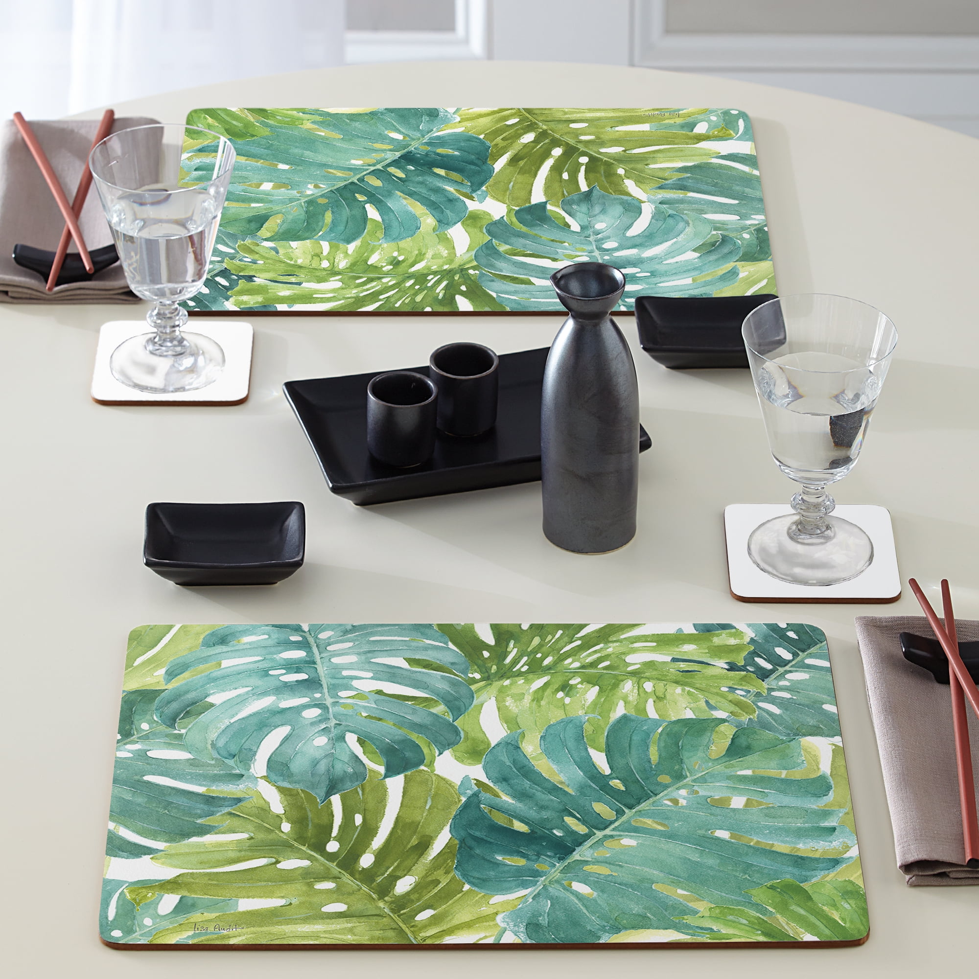 Cala Home "Tropical Green" Premium Decorative Hardboard Cork Back Tabletop Placemats 4 Pack