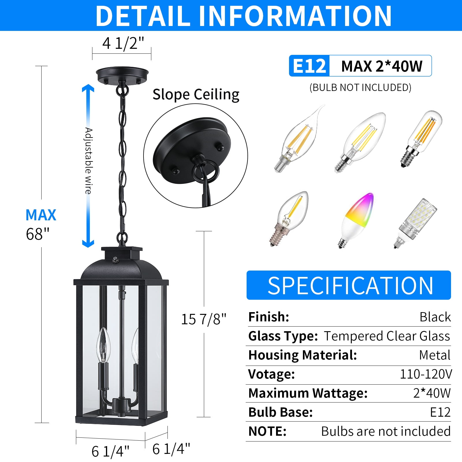 Large Outdoor Pendant Light 2-Light, 15.8" Dusk to Dawn Exterior Hanging Lights Fixture with Clear Glass, Modern Black Outdoor Chandelier for Gazebo Porch Patio Front Door