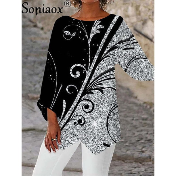 Camiseta holgada de manga de nueve cuartos para mujer, Tops con estampado 3D, cuello redondo, ropa informal Irregular