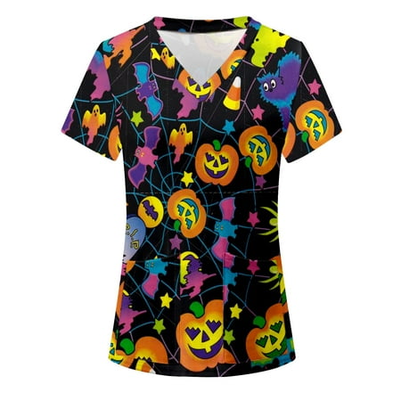 

BEBUTTON Womens Scrubs Halloween Clothes Pumpkin Print Tops Short Sleeve V Neck Loose Working Uniform Pocket T Shirts Multicolor 2XL