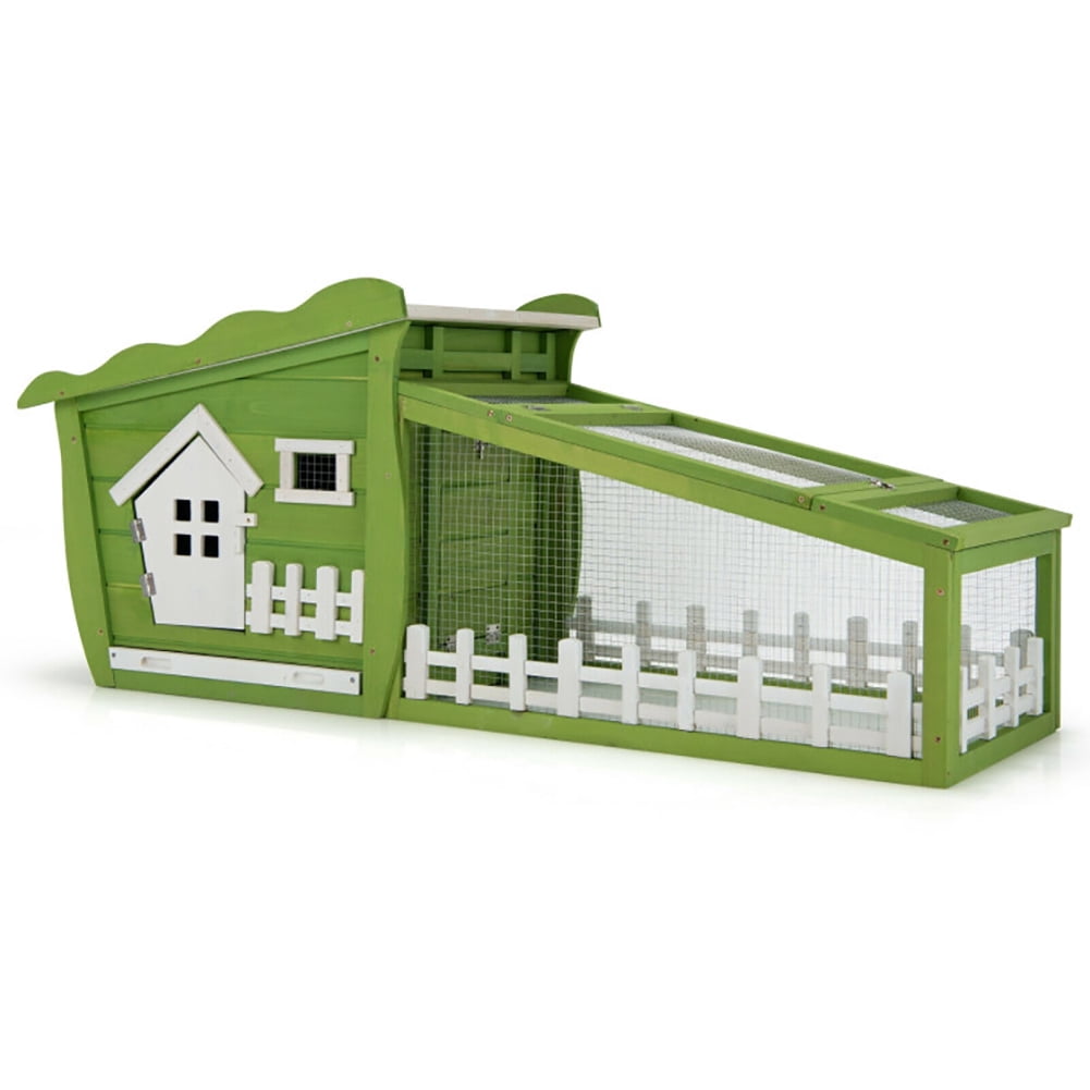 62 Inch Wooden Rabbit Hutch with Pull Out Tray-Green, Rabbit Hutch for Cats, Rabbits, Bunnies, Guinea Pigs
