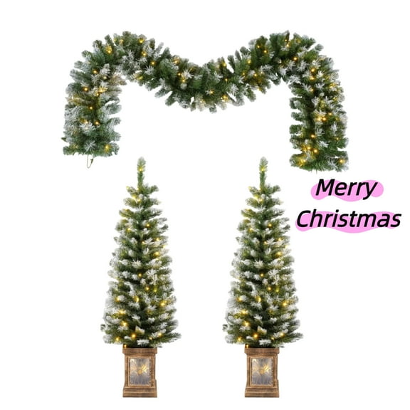 Artificial Christmas 3-Piece Set Wreath and Set of 2 Entrance Trees X-mas with LED Lights Easy Assembly
