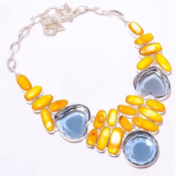 Blue Sapphire & Mother Of Pearl (Simulated) 925 Sterling Silver Necklace 16-18" T2718, Beautiful Jewelry For Woman &, New Year Sale, Valentin's Day Gi