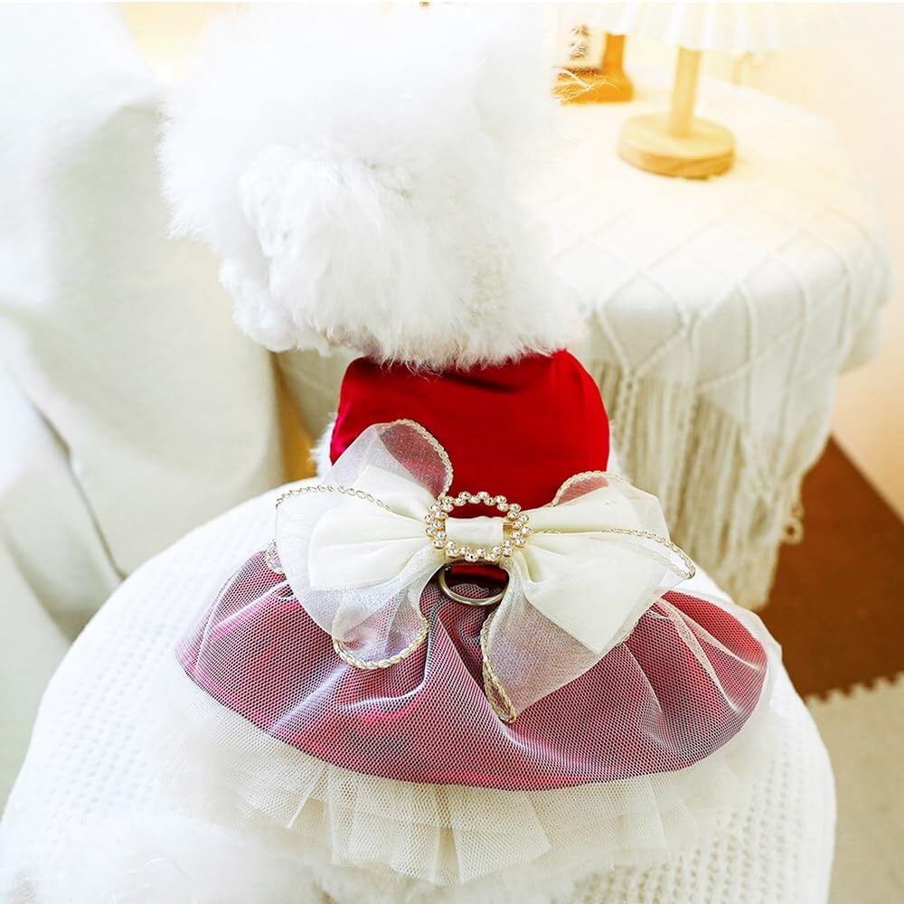 ANIAC Gray Dog Dress for Small Dogs Female,Bow Knot Girl Puppy Clothes with Detachable Pearl Necklace, Elegant Cat Dress, Formal Pet Pary Outfit for Wedding Birthday Valentines (Gray, Large)