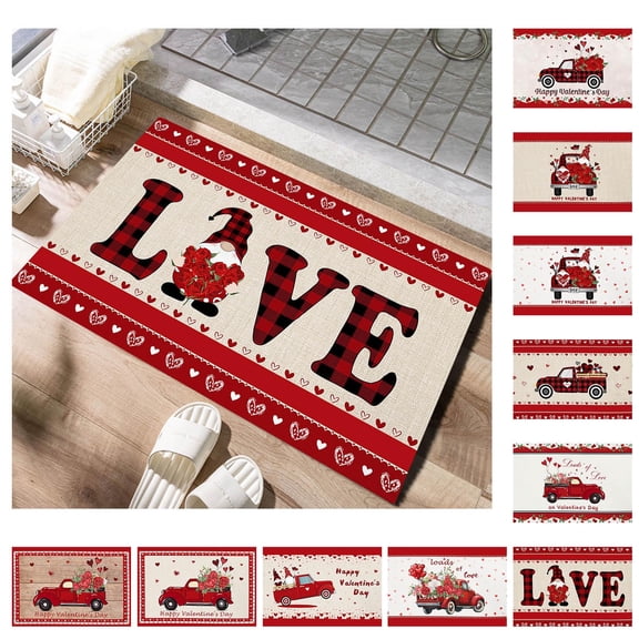 Valentine‘s Day Door Mat Rug Decorative Doormat Plaid Red Truck Gnome Welcome Floor Mat Non Slip Washable Bathroom Kitchen Entrance Rug for Indoor Outdoor Home Decor, 20 x 30 Inch