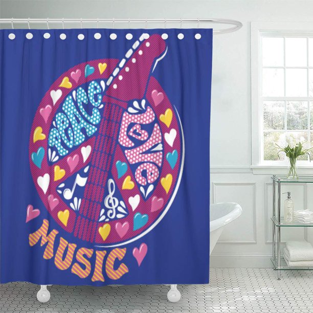 Cynlon Festival Sign Peace Love Music Guitar Graphic Dots Hearts Bathroom Decor Bath Shower Curtain 60x72 Inch Walmart Com Walmart Com