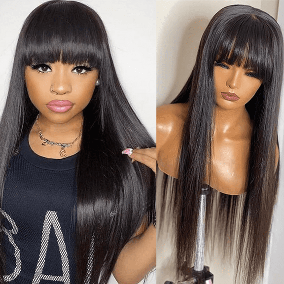 Morovan 22" Long Black Wig Straight Black Wigs with Bangs Human Hair Wigs for Black Women Glueless Wigs for Women Black Long Bob Wigs