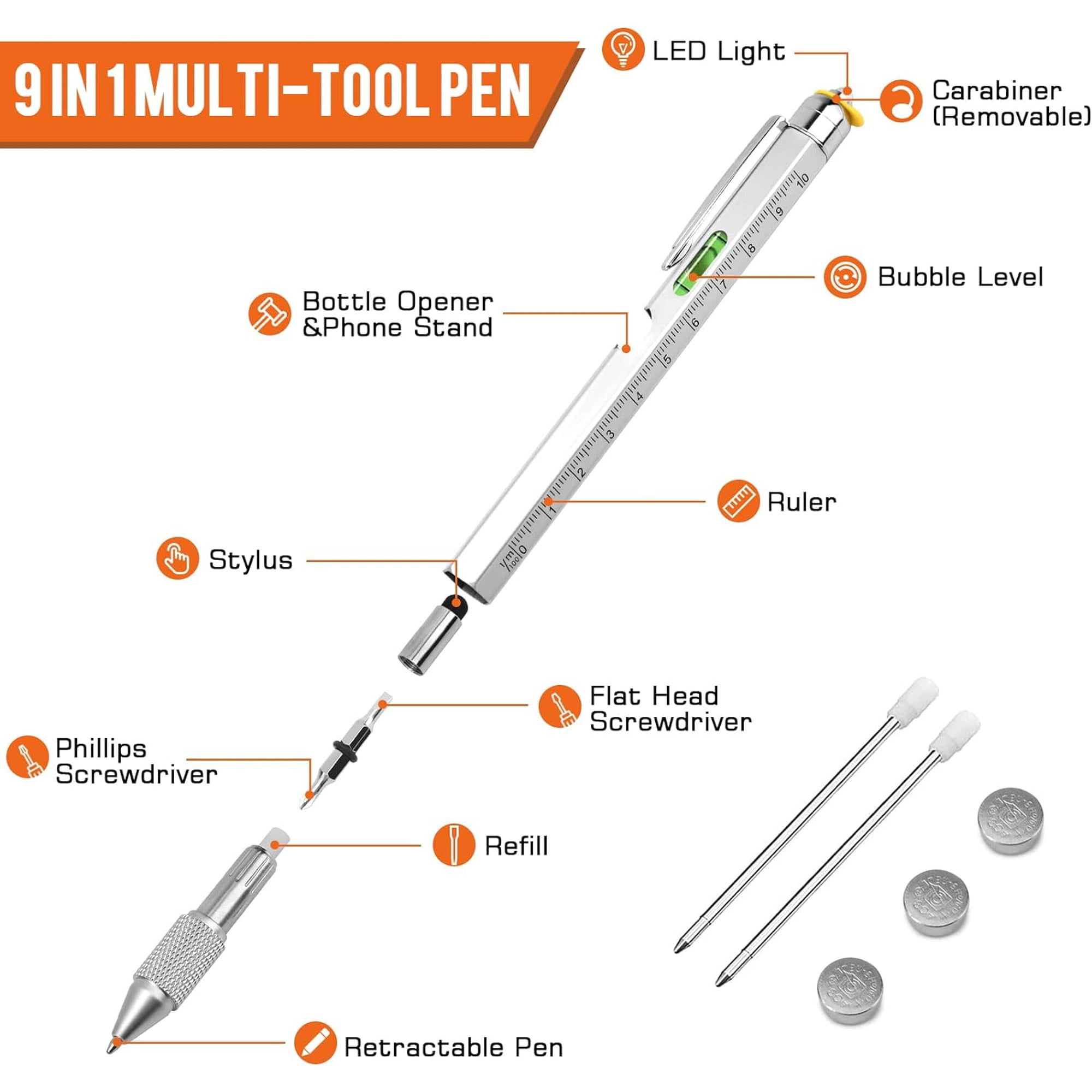 DFVYU-9 in 1 Multi-Tool Pen for Men Tools with Ballpoint Pen Screwdrivers LED Light Ruler Stylus Bubble Level and Bottle Opener Practical Fathers Day Birthday Gifts for Men Dad Handyman DIY Lo