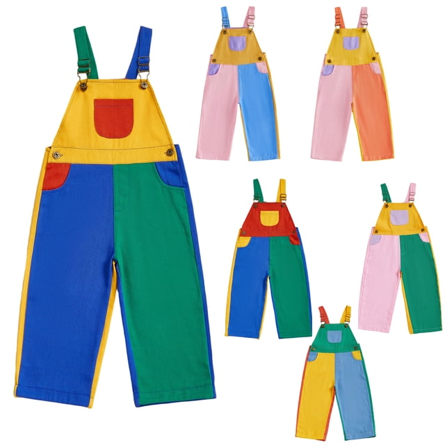Toddler Kids Color Block Contrast Denim Overalls Adjustable Strap Full Length Bib Overall Romper