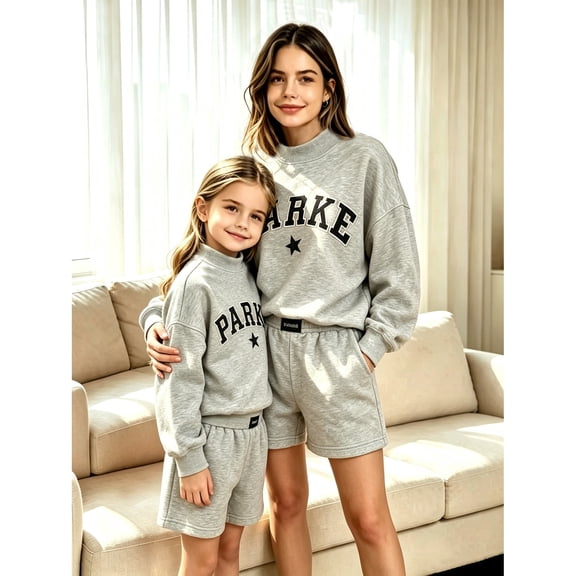 PARKE Matching Mother-Daughter Sweatshirt Set – Casual Embroidered-Letter Sweatshirt and Shorts