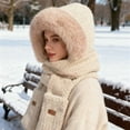 thumbnail image 4 of Solid Color Hooded Scarf Hat with Mitten Pockets 3 in 1 Knit Winter Accessory Khaki One Size, 4 of 5