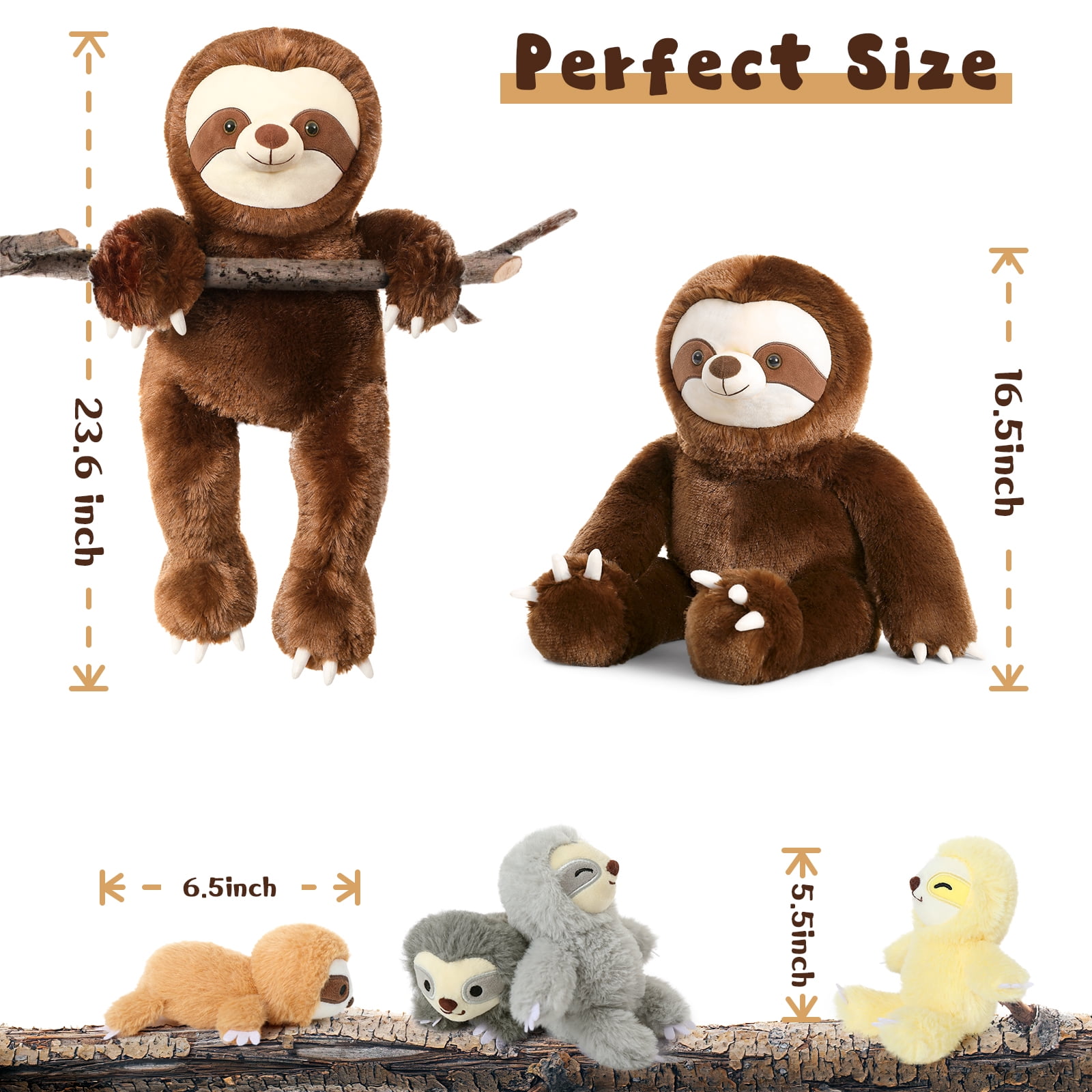 MorisMos 24" Sloth Stuffed Animal Mommy Sloth Plush Toy with 4 Baby Plush Toys