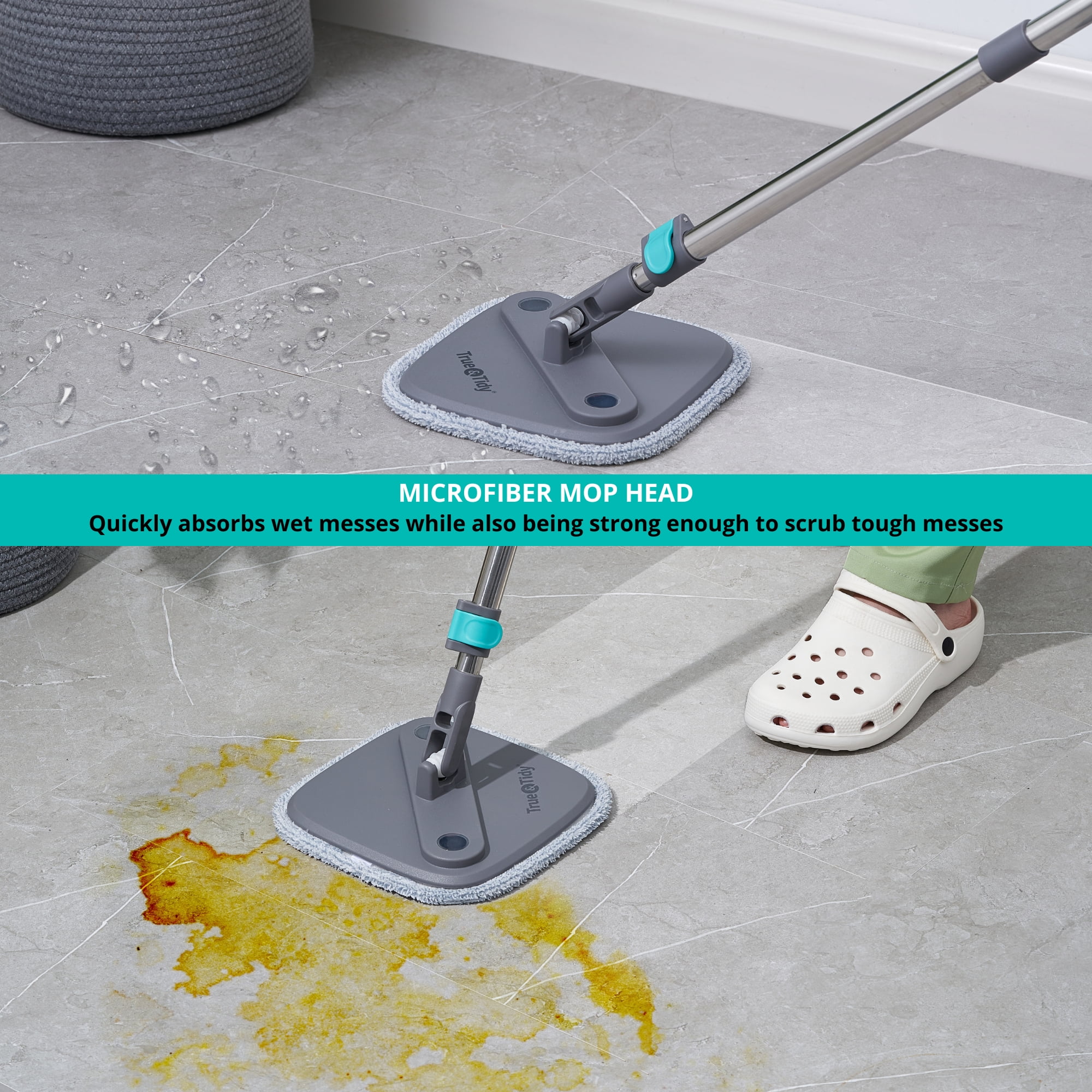 True Clean Spin Mop and Bucket System with Clean Water Separation, Self Cleaning Two Microfiber Floor Mop for Vinyl & Tile, Gray