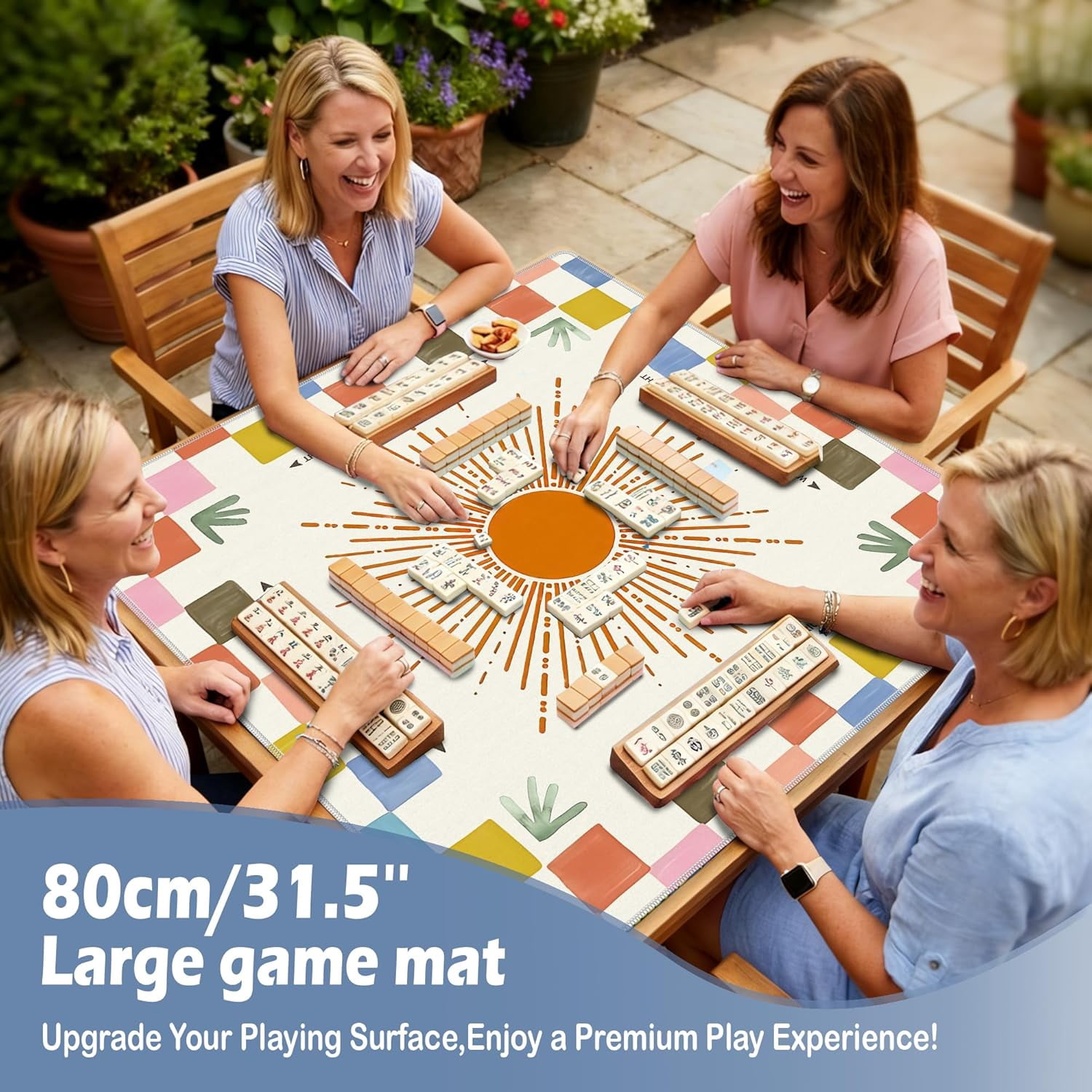 Boho Orange Sun Checkered Mahjong Mat 31.5 x 31.5 Inch, Retro Colorful Plaid Sunray Non-Slip Noise Reduction Mahjong Table Mat for American Mah Jong Poker Card Board Games Dominoes