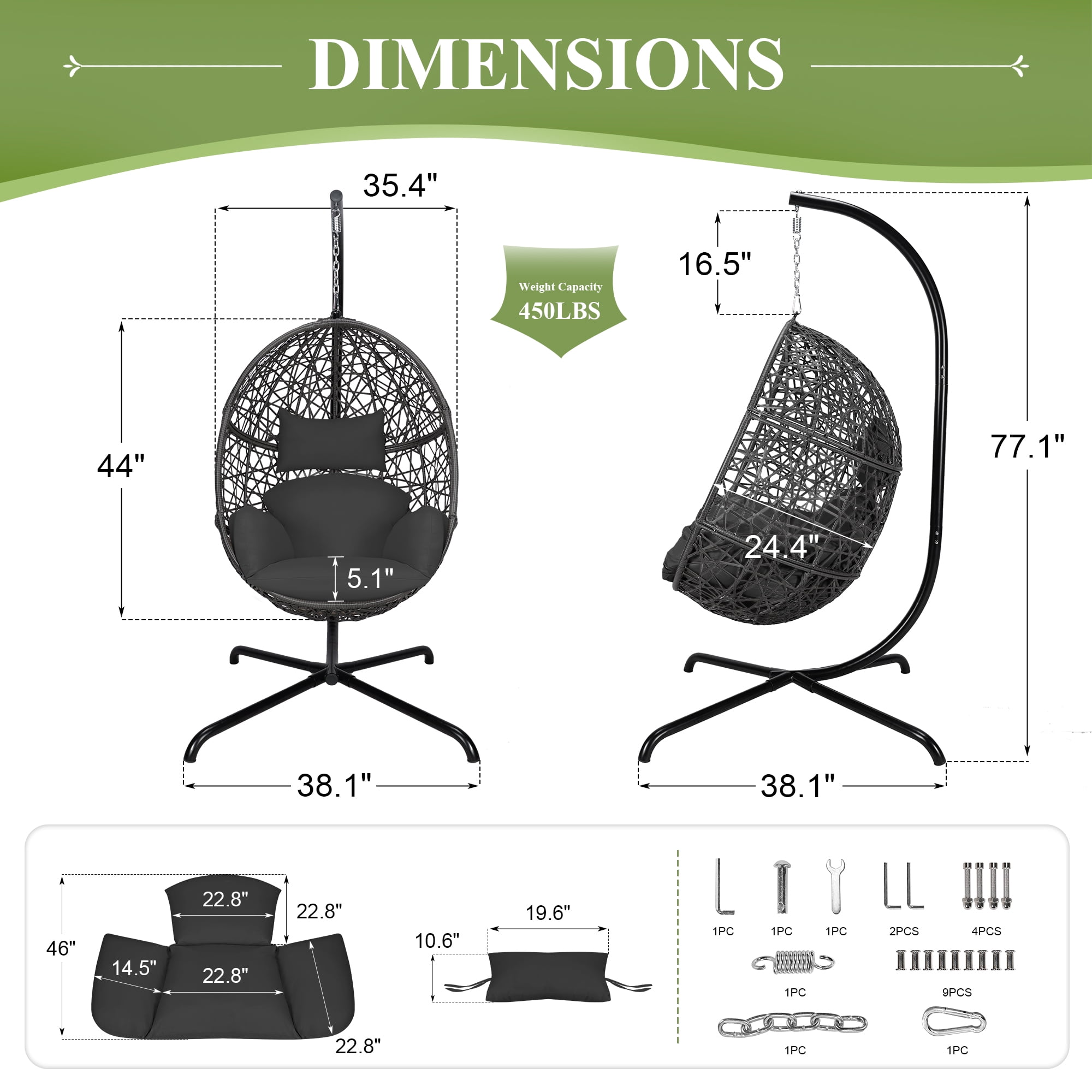 Swing Egg Chair Bird Nest Cage Chair with Stand Comfortable Cushion Indoor Outdoor Rattan Design with Sturdy Metal Frame Water/UV-Resistant 450lbs Capacity Dark Gray
