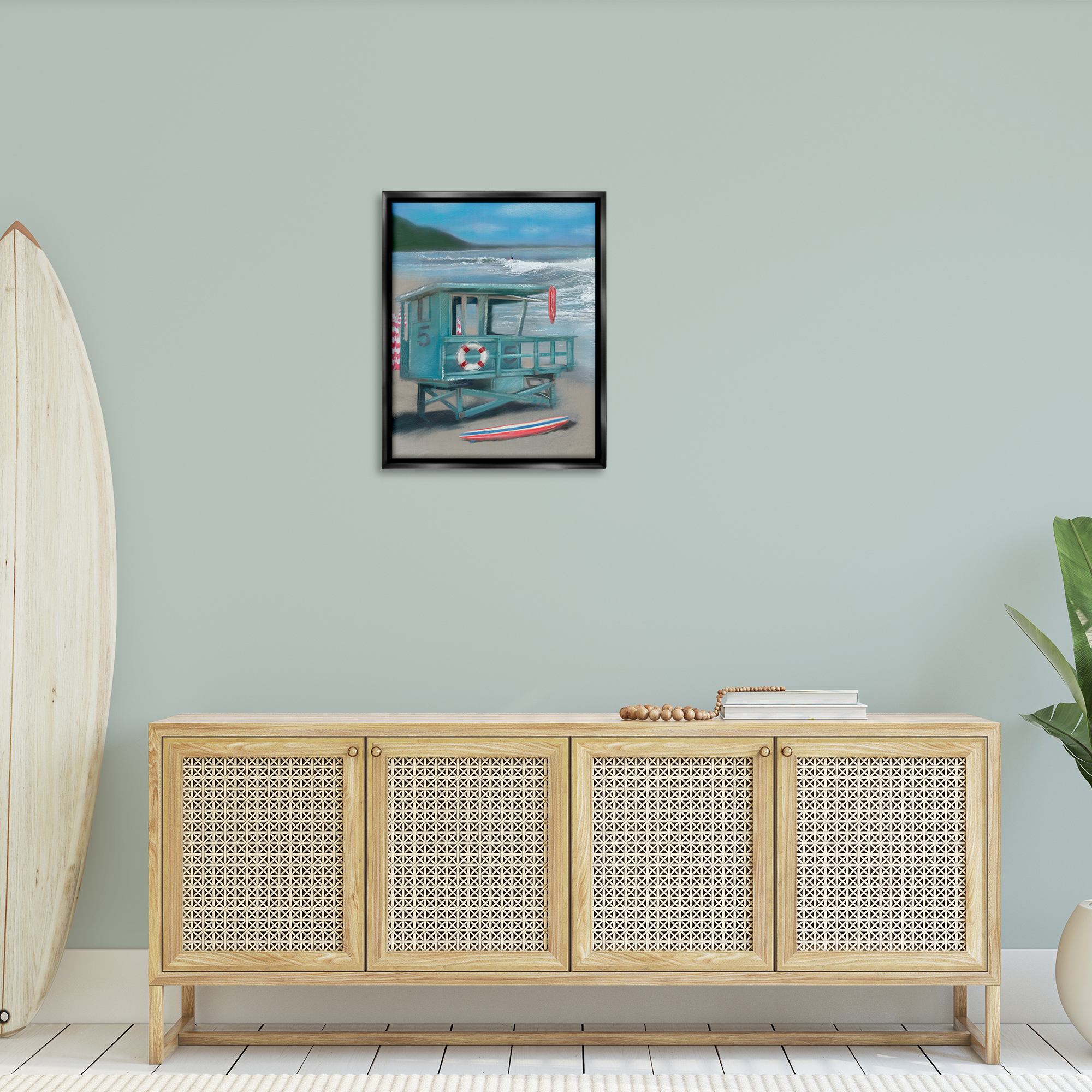 Stupell Industries Lifeguard Stand on Shore Coastal Painting Black Floater Framed Canvas Art Print Wall Art, 25 x 31